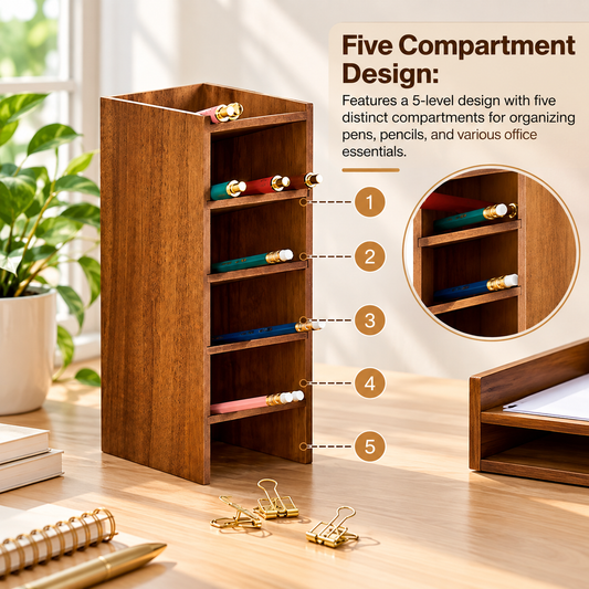 Wooden Pencil Tower Desktop Organizer