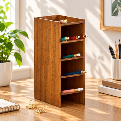 Wooden Pencil Tower Desktop Organizer