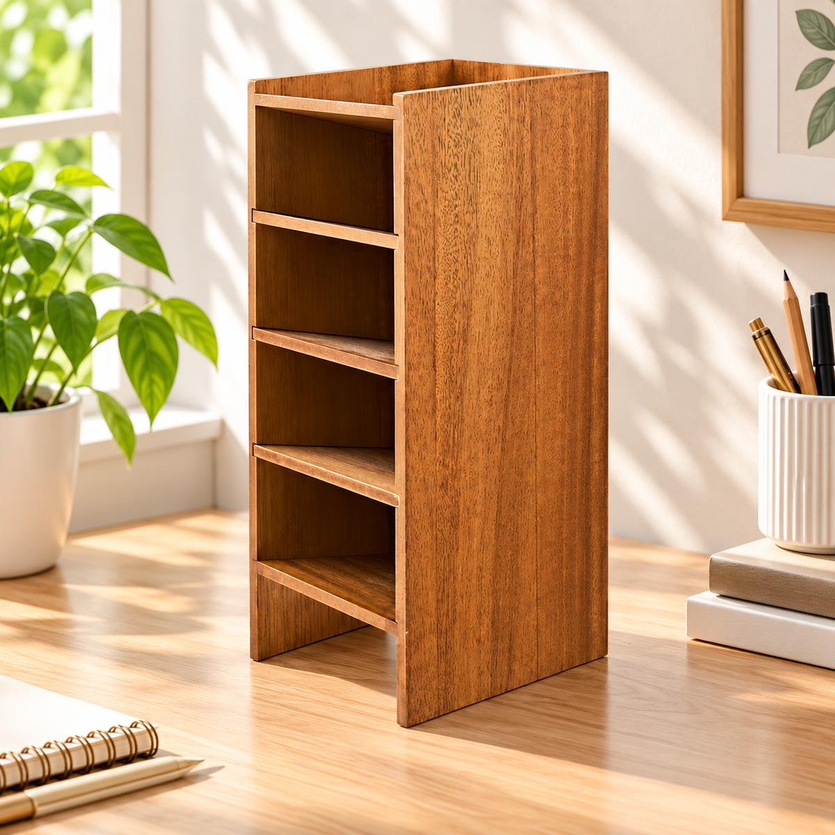 Wooden Pencil Tower Desktop Organizer